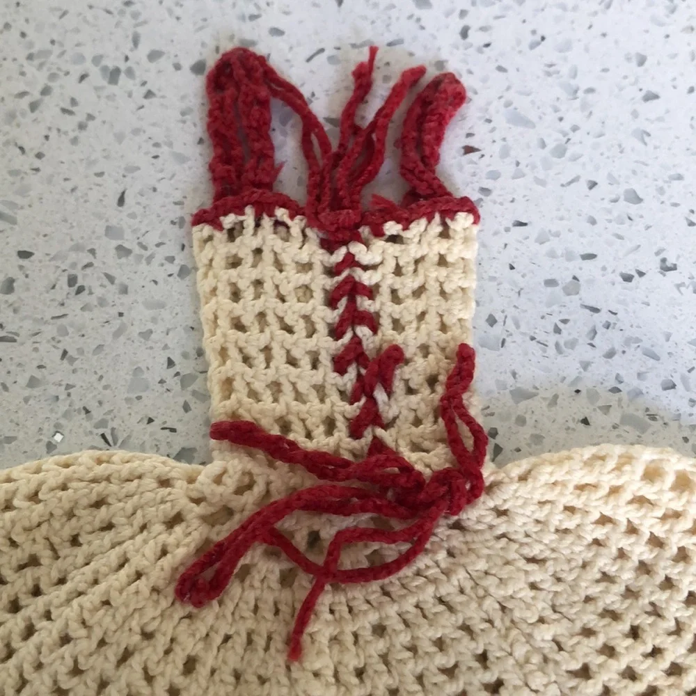 Vintage 50’s doll/kitchen hand crocheted red and cream dress